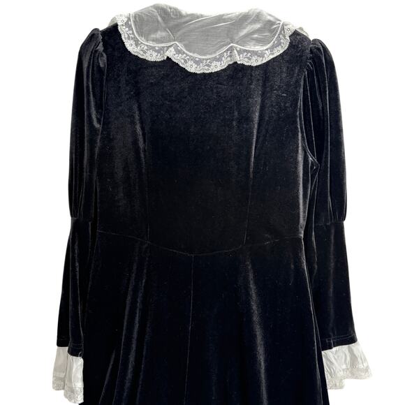 Simple Retro Black Velvet Dress White Lace Peter Pan Collar Wednesday Midi Med - Picture 11 of 12